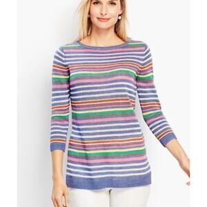 Talbots Womens Linen Tunic Crewneck Sweater Large Petunia Stripe 3/4 Sleeve